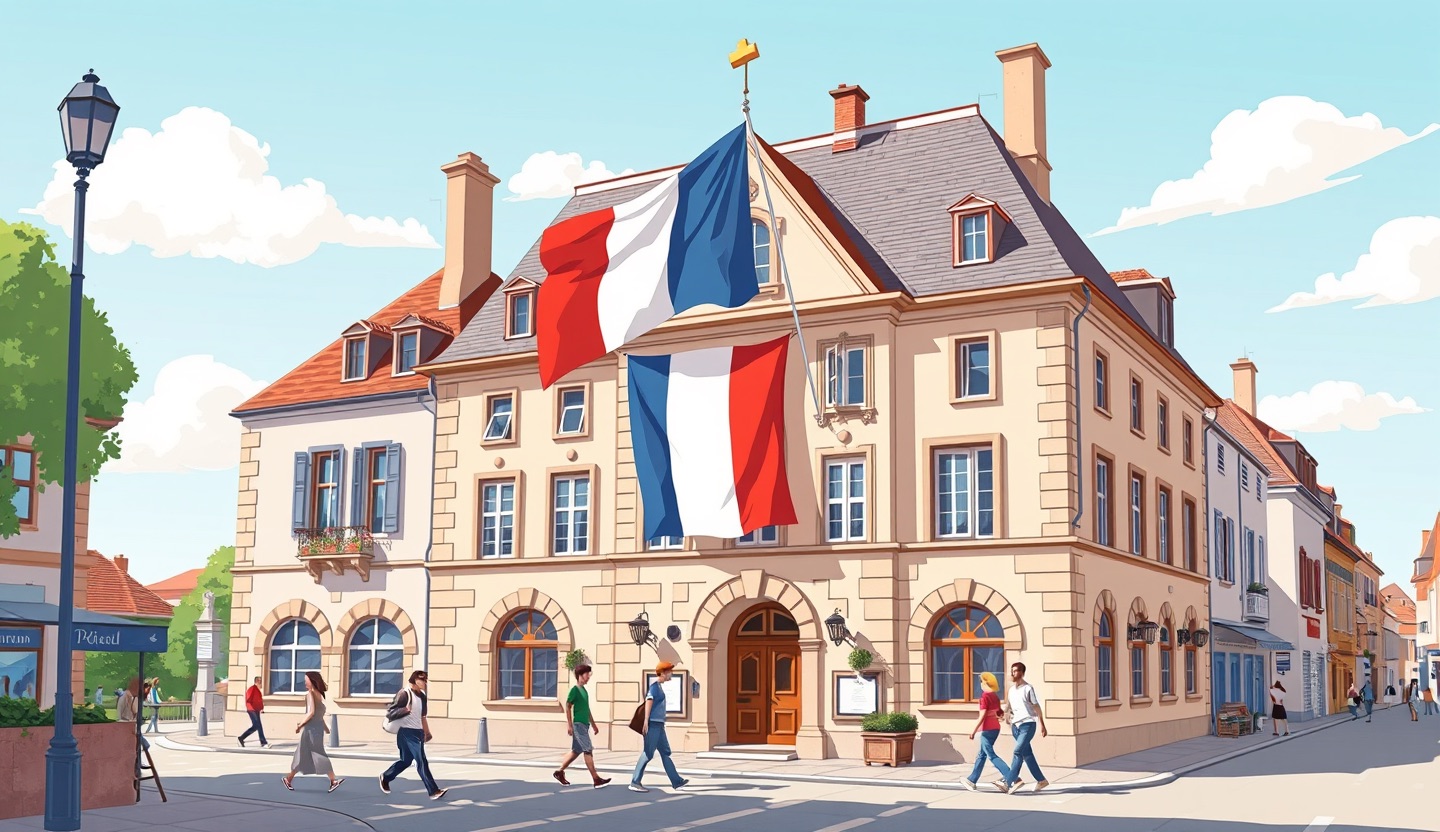 Une mairie française avec un drapeau tricolore par une journée ensoleillée, des passants dans la rue