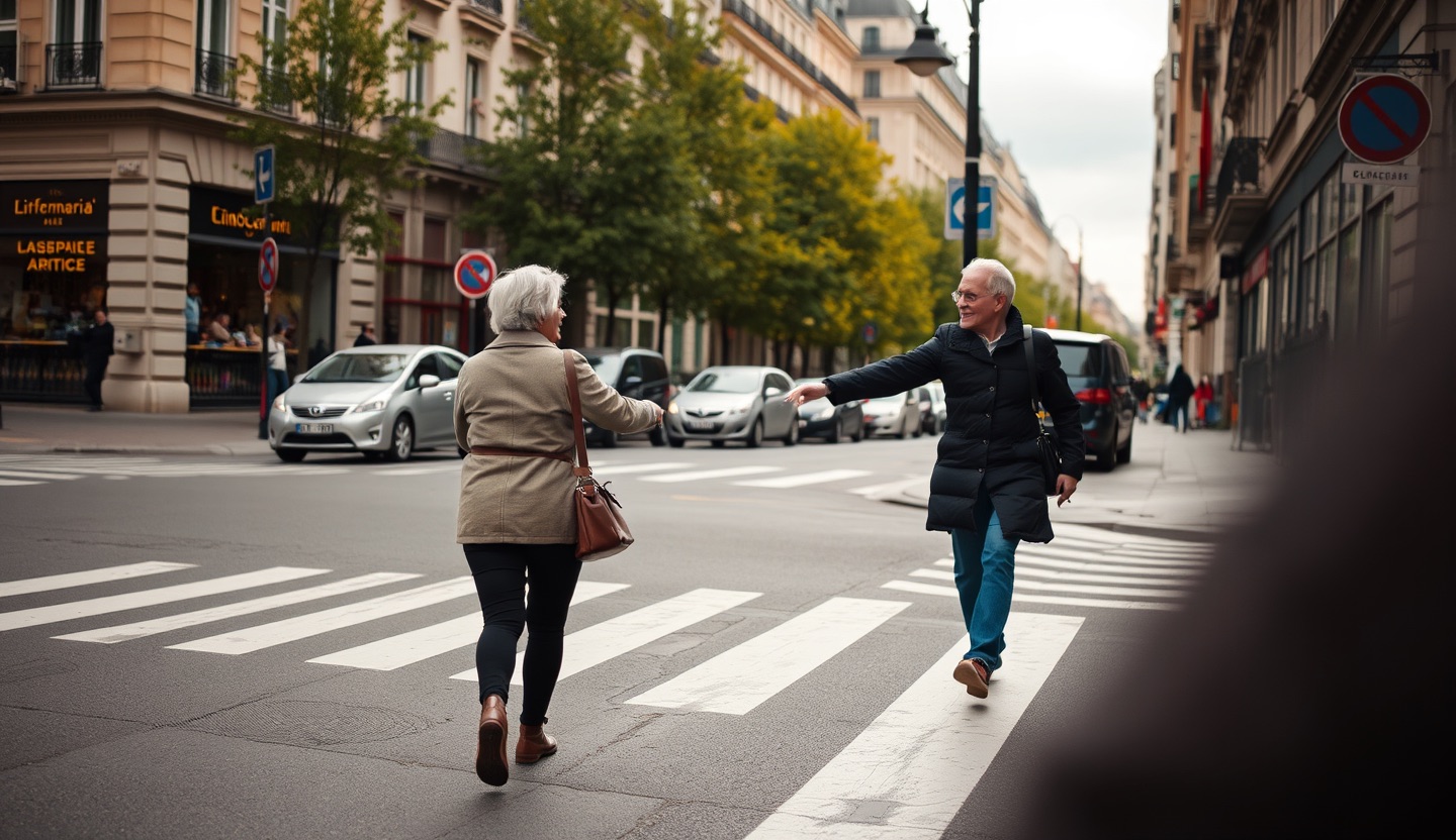 Une personne aide une dame âgée à traverser une rue de Paris